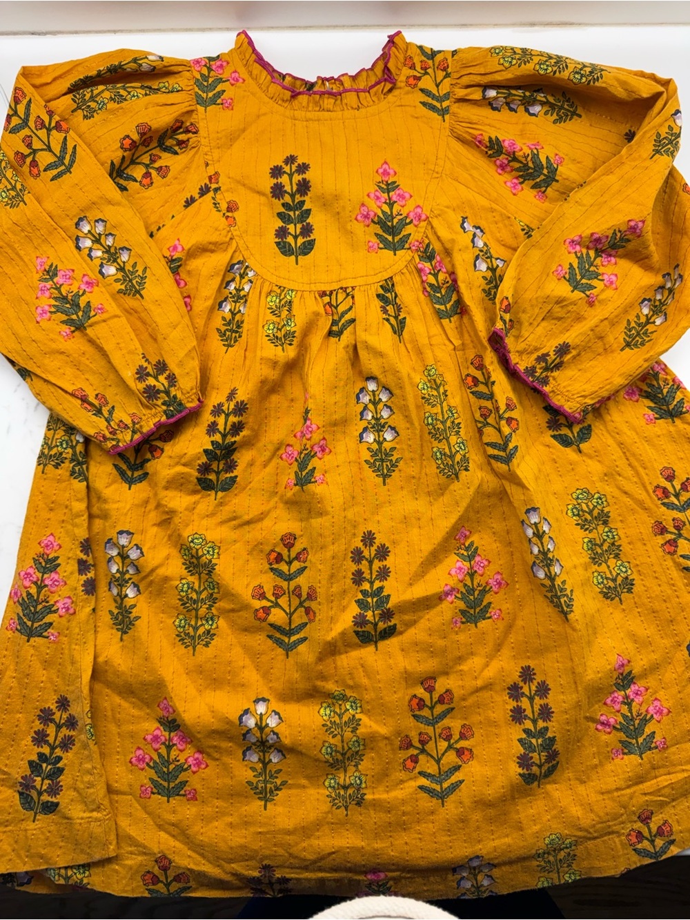 Pink Chicken Mustard Yellow Floral Embroidered Dress